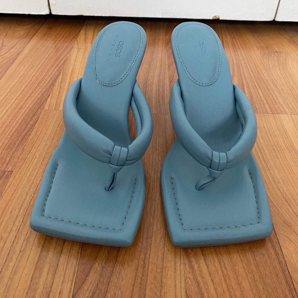 Asos - Slate Blue Faux Leather Square Toe Thong Heeled Sandals